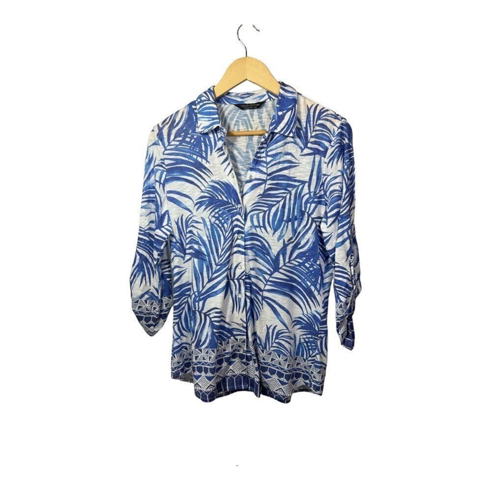 TANGO MANGO Women’s Snap Down Palm Print Blouse White/Blue Size Medium